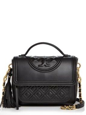 Tory Burch Fleming Black Quilted Leather Satchel with Sleeper / Dust Bag